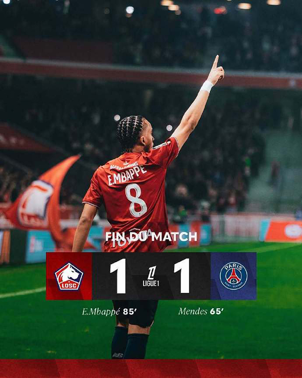 法甲：巴黎1-1里尔 伊桑-姆巴佩绝平老东家