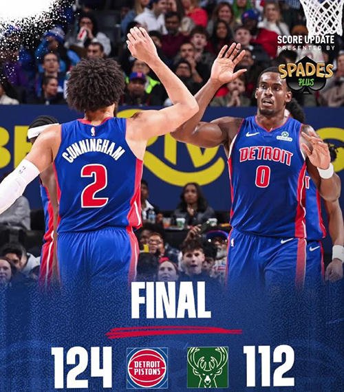 活塞7人上双124-112轻取雄鹿，坎宁安23+6+12，波特空砍32分